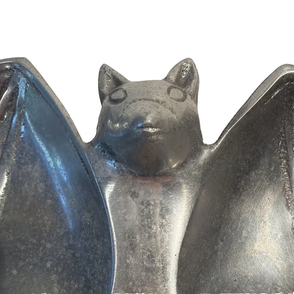 Heavy Silver Cast Metal Bat Tray Halloween Candy Dish Goth Catchall Trinket Bowl